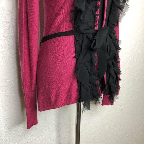 Tracy Reese New York dark pink black ruffle trim belted cardigan size Small - Picture 4 of 16